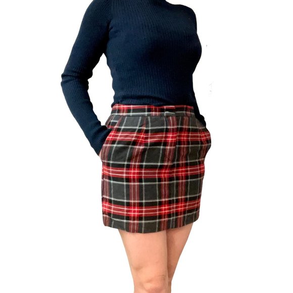 JANE BLANC PARIS M Tartan Flannel Mini Skirt Pencil Red High Waist Plaid Poket S - Picture 5 of 14